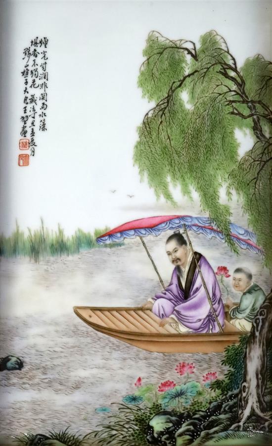 A Chinese famille rose porcelain plaque, Republic period, plaque approx. 38 x 25cm, in a hardwood frame